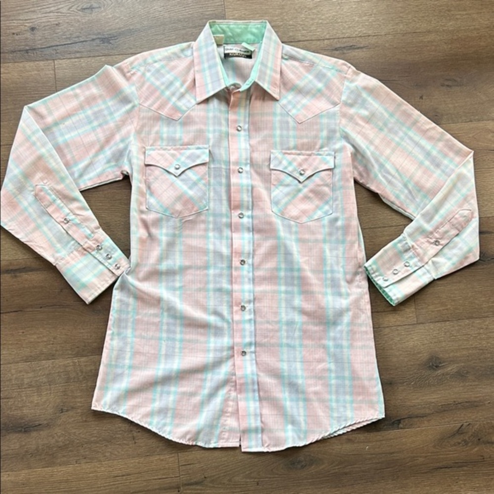 Karman Vintage Pink and Green Plaid Button Down Shirt ! Size 15.5